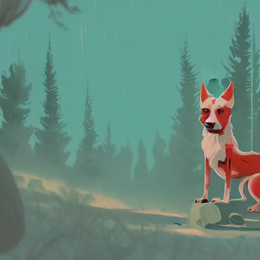 Prompt: white grungy dog standing in a cedar forest, by anton fadeev and simon stalenhag, trending on art station