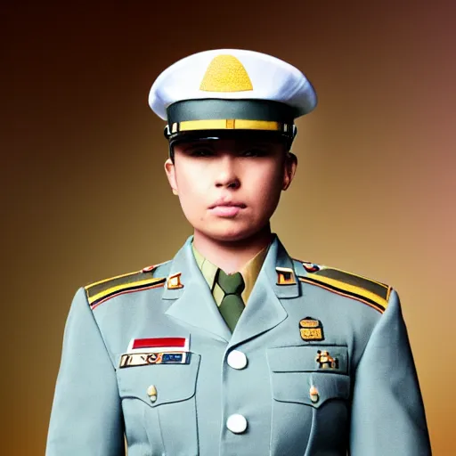 Image similar to a realistic photograph of a ice cream cone themed military uniform of a high ranking ice cream cone officer