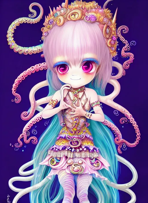 Prompt: A full body shot of a cute young magical girl wearing an ornate dress made of opals and tentacles. Chibi Monster GIrl. Subsurface Scattering. Dynamic Pose. Translucent Skin. Rainbow palette. defined facial features, symmetrical facial features. Opalescent surface. Soft Lighting. beautiful lighting. By Giger and Ruan Jia and Artgerm and WLOP and William-Adolphe Bouguereau. Photo real. Hyper-real. Fantasy Illustration. Sailor Moon hair. Masterpiece. trending on artstation, featured on pixiv, award winning, cinematic composition, dramatic pose, sharp, details, Hyper-detailed, HD, HDR, 4K, 8K.