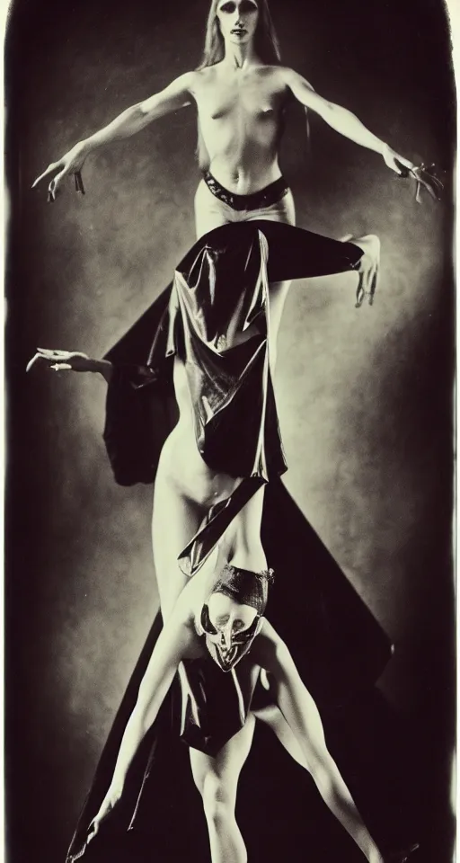 Prompt: wet plate photograph, portrait of Olivia Newton John performing satanic occult dance, Aleister Crowley illustrations on graph paper in the background, 1850