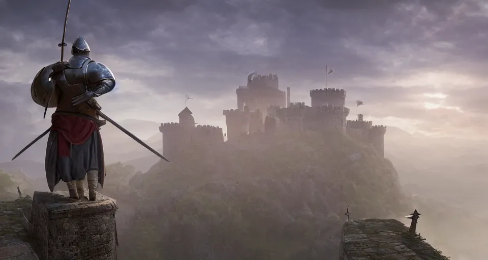 Prompt: three medieval soldiers atop a castle wall looking over a vast medieval kingdom rule by an evil king. it is a quiet morning. mist, epic, cinematic, volumetric lighting, fantasy style, highly - detailed, unreal 5, realism