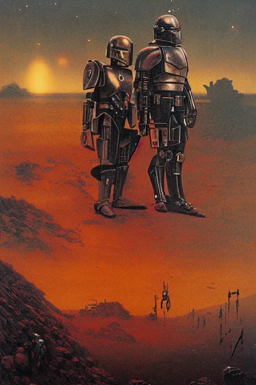 Prompt: mandalorian and robocop by beksinski on a background with destroyed exploding planets and atomic bomb explosion, backlight