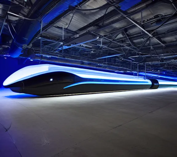 Prompt: extensive dark blue plastic transparent hyperloop by zaha hadid, space capsule glowing in the dark, dark moody monochrome colors,