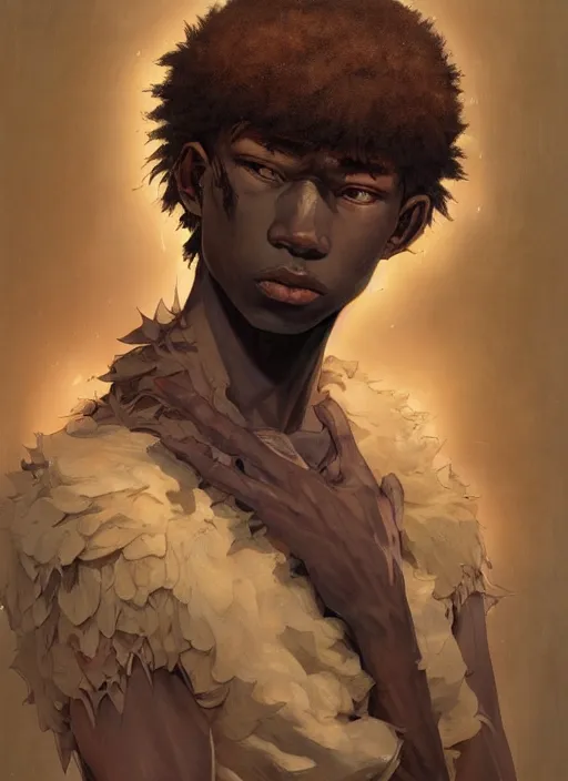 Image similar to prompt : portrait soft light painted by james jean and katsuhiro otomo and erik jones, inspired by akira anime, epic fantasy, a young long haired peasant boy with dark skin, brown skin, a dark complexation in plain fantasy clothing with intelligent eyes, intricate oil painting, high detail illustration, sharp high detail