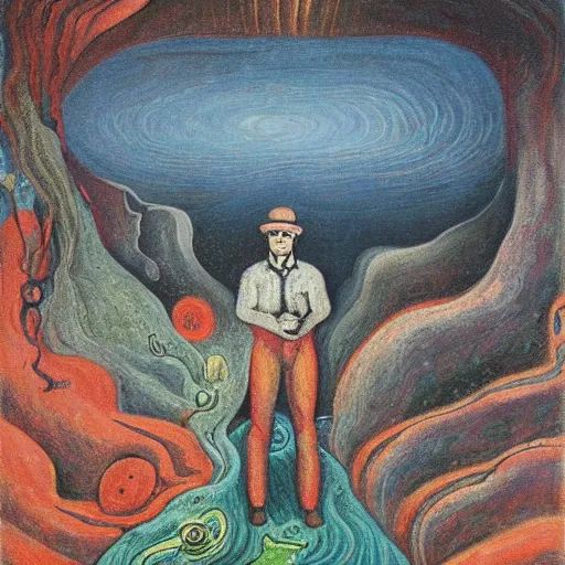 Image similar to a painting of a man standing in front of a cave, a surrealist painting by nikolai astrup, deviantart, psychedelic art, lovecraftian, cosmic horror, poster art