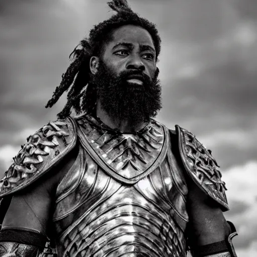 Prompt: one bearded african american spartan warrior. wearing intricate breastplate. on a battlefield. award winning. cinematic still. sharp focus. cinematic lighting.