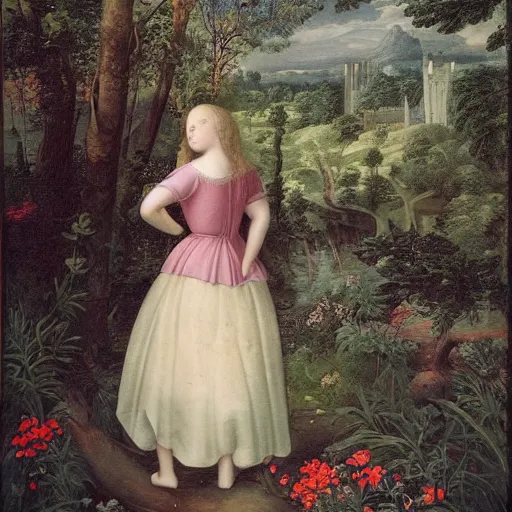 Image similar to a girl lost in a forest, castel in the background, flowers, dreamy renaissance