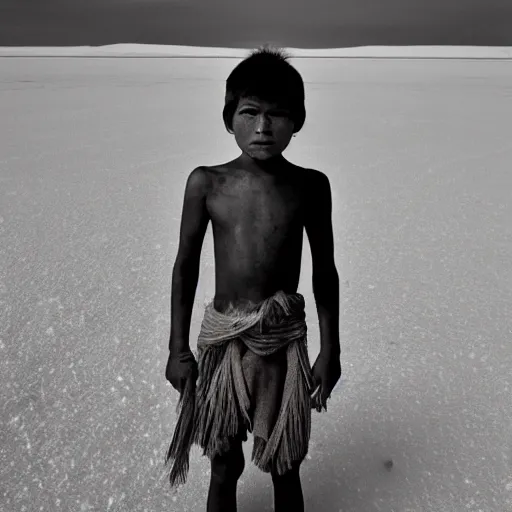 Prompt: photos of indigenous boy staring into the camera, distended abdomen, standing on a salt flat, highly detailed, muted gray brown colors, by national geographic