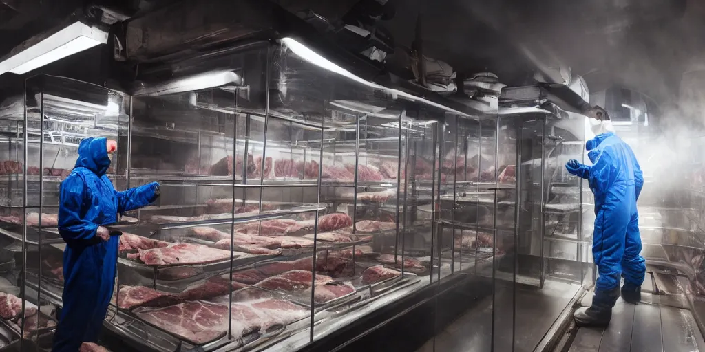 Prompt: a dark and cinematic shot of a man wearing a blue snow suit with no mask in a very dark and metallic meat freezer room and he's looking at a large tablet that's shining a red light on his face, there are slabs of meat on shelves, volumetric light, ice vapor, misty, cinematic