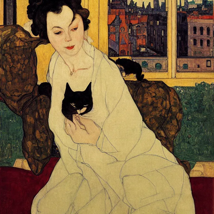 Image similar to close portrait of woman in night gown with cat and aloe vera, with city with gothic cathedral seen from a window frame with curtains. sun through the clouds. georges de la tour, egon schiele, henri de toulouse - lautrec, utamaro, monet