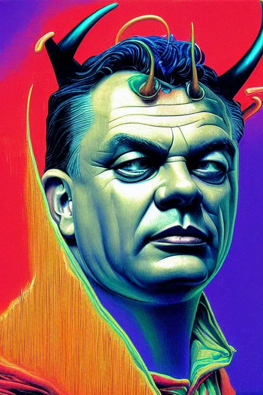 Image similar to 8 0 s art deco close up portait of viktor orban with horns, rain like a dream oil painting curvalinear clothing cinematic dramatic cyberpunk textural fluid lines otherworldly vaporwave interesting details fantasy lut epic composition by basquiat zdzisław beksinski james jean artgerm rutkowski moebius francis bacon gustav klimt