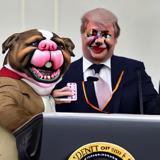 Image similar to a president with bulldog face and clown makeup taking a selfie in a podium next to an angry first minister