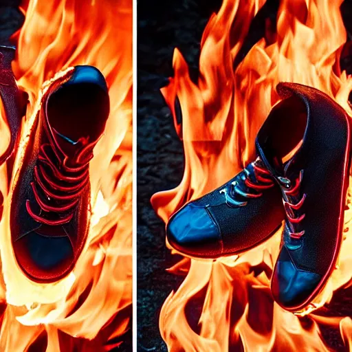 Image similar to balenciaga shoes being set on fire, engulfed in flames