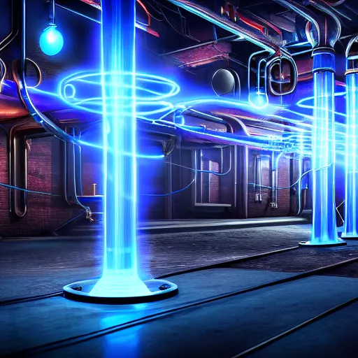 Image similar to photography of a hyper realistic tesla coils, highly detailed blue lighnings arround it. ancient steam punk laboratory background. high detail, professional digital art, unreal engine 5 8 k rendering, stunning, artstation