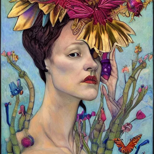 Image similar to the bone crown, by annie swynnerton and leo and diane dillon and ( diego rivera ), elaborate costume, flowers, iridescent beetles, rich color, dramatic cinematic lighting, smooth, sharp focus, extremely detailed