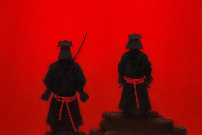 Image similar to only with red, a red samurai harakiri, tokio, a lot of frogs watch, in the style of beksinski, parts by edward hopper, parts by rodcenko, parts by yue minjun, intricate and epic composition, red by caravaggio, insanely quality, highly detailed, masterpiece, red light, artstation, 4 k