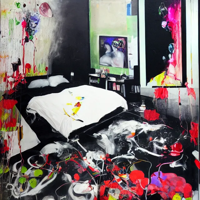 Image similar to bedroom with black walls and a futon, sensual portrait of a woman sleeping, cracked handmade pottery vase, candles, white flowers on the floor, puddle of water, octopus, squashed berries, neo - expressionism, surrealism, acrylic and spray paint and oilstick on canvas