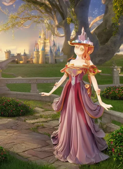 Prompt: a pleasant, beautiful, funny, smooth 3D CG render, semirealistic anime style, a noblepriestess magician girl wearing dress and jewelry, in a glorious magic kingdom, relaxing calm vibes, fairytale