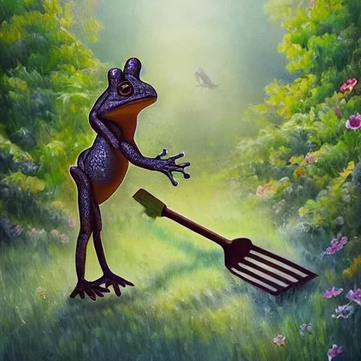 Prompt: a beautiful painting of singular frog digging a garden with a shovel, trending on artstation