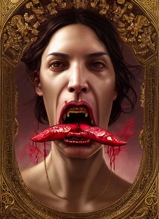 Image similar to incubus sticking out tongue with blood, realistic, surealism, lavish, steep, aesthetic, extravagant, shiny, fantasy, intricate, elegant, extremely higly detailed, digital painting, artstation, ornate, grotesque, baroque, concept art, by artgerm and greg rutkowski and alphonse mucha, joongwon charles jeong and diego fazio