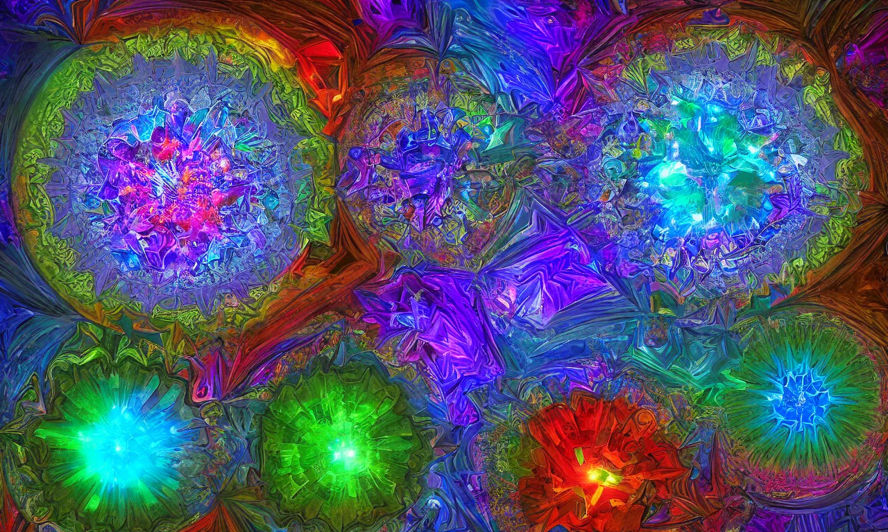 Image similar to voronoi engine laboratory 3 d volume kaleidoscope mandala fractal chakra digital multicolor stylized concept substance liquid nebula stone, a spectacular view cinematic rays of sunlight comic book illustration, by john kirby radiating a glowing aura global illumination ray tracing hdr depth fog overlay multiply photoshop layer