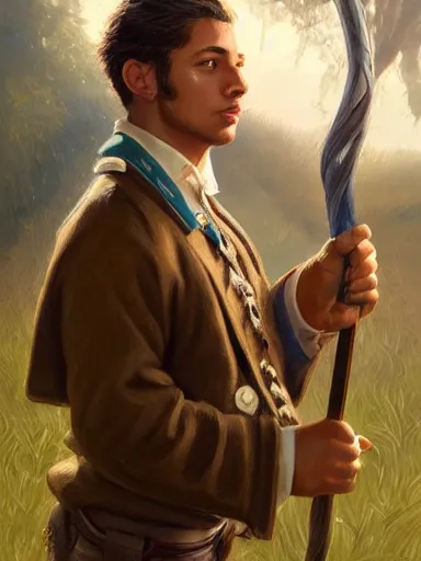 Image similar to a handsome young man, holding a adorned cane. walking in a rural area. intricate, elegant, highly detailed, digital painting, artstation, concept art, sharp focus, illustration, by justin gerard and artgerm, 8 k