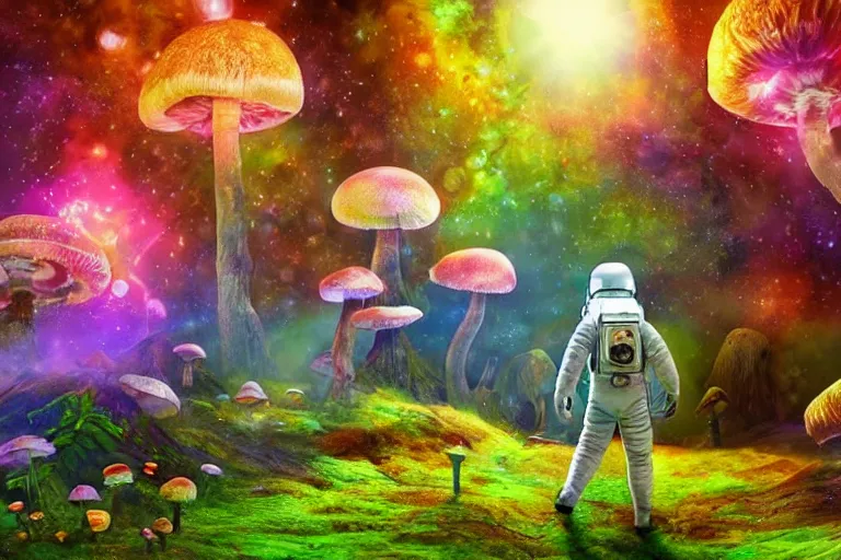 Prompt: an astronaut walking in an enchanted fantasy forest. colorful. glowing mushrooms. photorealism.