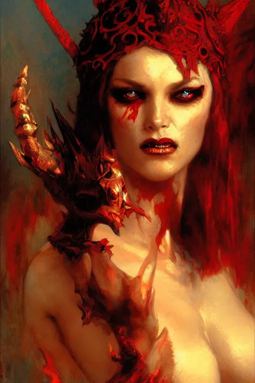 Image similar to attractive demon queen with red eyes, painting by gaston bussiere, craig mullins