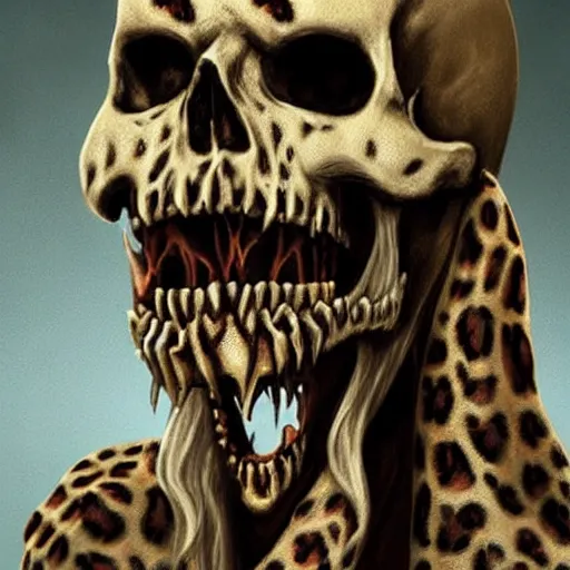 Image similar to Skull that look too much like skull!, crypt lurker!!, grasp of darkness!!!, pitchburn devils, 8k CG character rendering of a spider-like hunting female on its back, fangs extended, wearing a leopard-patterned dress, set against a white background, with textured hair and skin.