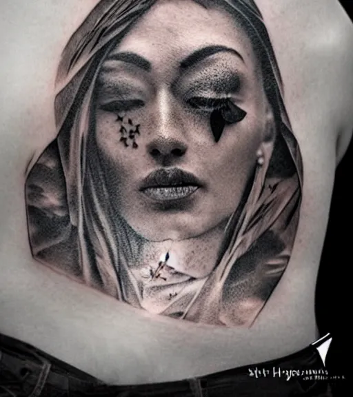 Image similar to double exposure of a beautiful mountain scenery with a beautiful woman face, tattoo design sketch, in the style of matteo pasqualin, hyper - realistic, amazing detail, black and white, faded