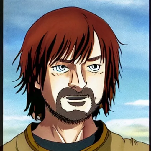 Image similar to boromir from the anime lord of the rings (1986), ginger hair, looking serious, some beard, studio ghibli, very detailed, realistic