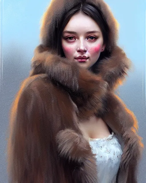 Prompt: a beautiful siberian girl with bear fur coat with hot decollete | | winter, realistic shaded, unpleasant face, bad looking, fine details, realistic shaded lighting poster by greg rutkowski, magali villeneuve, artgerm, jeremy lipkin and michael garmash and rob rey