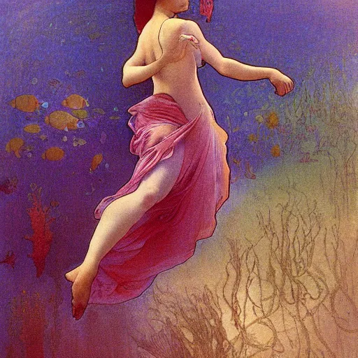 Image similar to Young girl dancing at the bottom of the sea,Perfecting the contours of the face,full-body,Realistic style,smog,Corals, aquatic plants, tropical fish,by Alfons Maria Mucha style