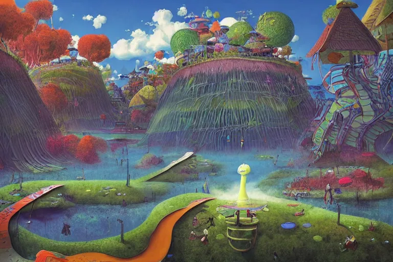 Prompt: surreal onsen kingdom, floating island in the sky, waterpipes in the ground, summer morning, very coherent and colorful high contrast, art by!!!! gediminas pranckevicius!!!!, geof darrow, dark shadows, hard lighting