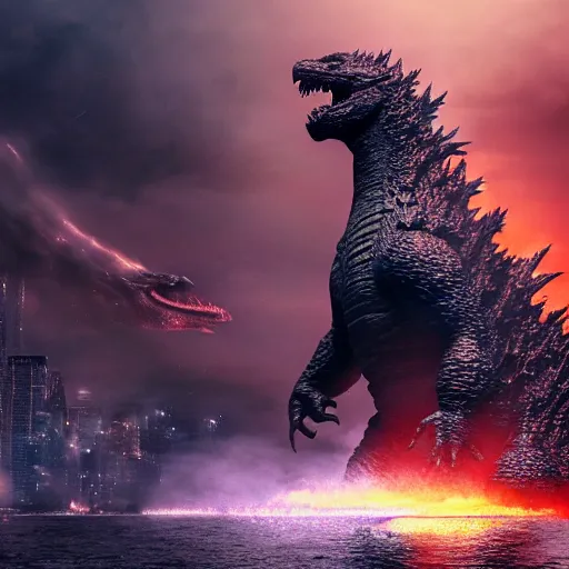 Image similar to godzilla, majestic, breathtaking, lightining in background, ultrafine hyperrealistic detailed illustration by kim jung gi, irakli nadar, intricate linework, sharp focus, bright colors, matte, film still from godzilla king of monsters, final fantasy, unreal engine highly rendered, 8 k, global illumination, radiant light, intricate environment