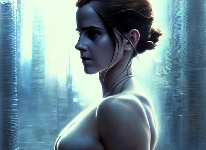 Prompt: body shot of emma watson in ghost in the shell, intricate, elegant, highly detailed, centered, digital painting, artstation, concept art, smooth, sharp focus, illustration, artgerm, tomasz alen kopera, peter mohrbacher, donato giancola, joseph christian leyendecker, wlop, boris vallejo