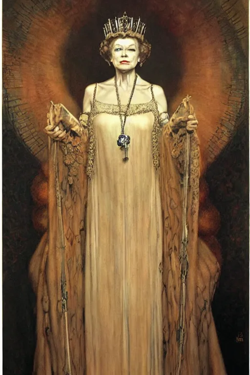 Image similar to a portrait of queen Elizabeth by wayne barlowe, gustav moreau, goward,  Gaston Bussiere and roberto ferri, santiago caruso, and austin osman spare, ((((occult art))))