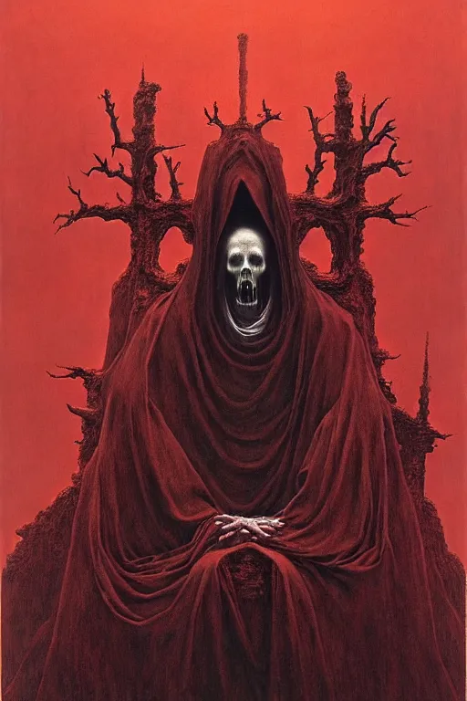 Image similar to a priest with no face, wearing red robes, sits on a throne of bones, gothic horror, surrealism Part Beksinski painting, part by Adrian Ghenie and Gerhard Richter, part by Takato Yamamoto. 8k masterpiece