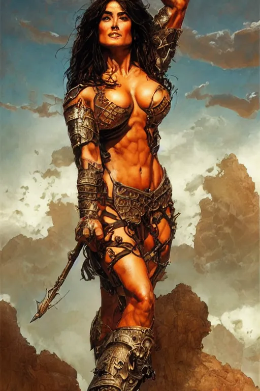 Image similar to muscular beautiful salma hayek wearing armor tombow artwork greg staples , dug stanat, norman rockwell , christophe young eytan zana , rumiko takahashi ,HD 4k