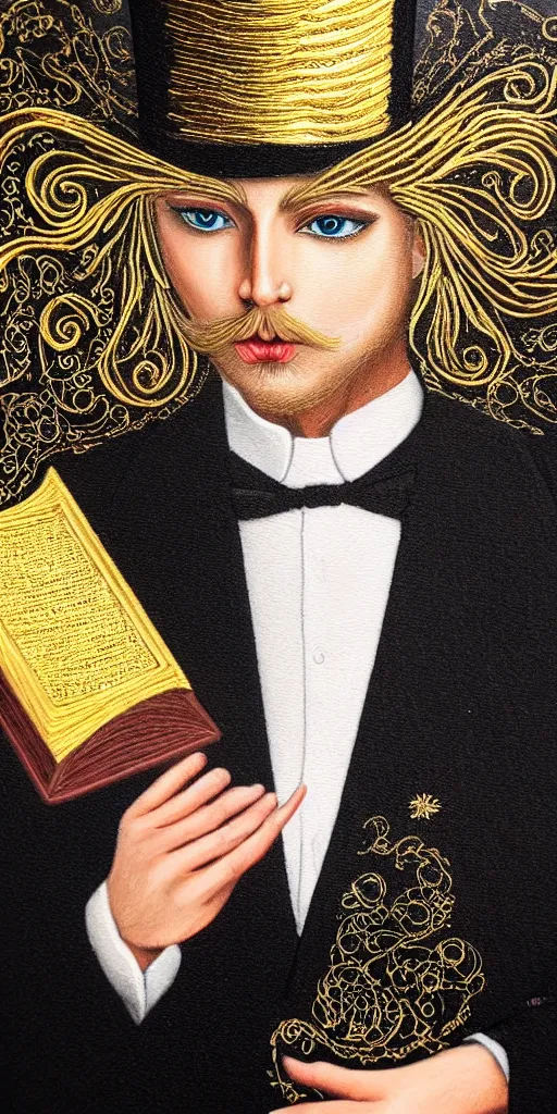 Image similar to beautiful detailed acrylic painting mystical mentalist man, has blond hair and a top hat. Wearing embroidered noble clothes. Heterochroma eyes. A small book with gold filigree in hand. Renaissance. Fantasy.