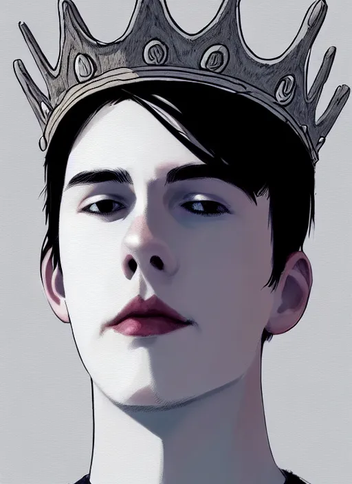 Image similar to portrait of teenage jughead jones wearing a light grey crown, photorealistic, crown, eyes closed, crown, black hair, intricate, elegant, glowing lights, highly detailed, digital painting, artstation, concept art, smooth, sharp focus, illustration, art by wlop, mars ravelo and greg rutkowski