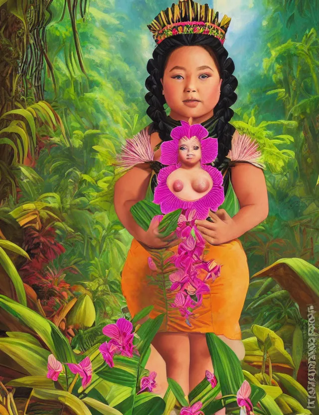 Image similar to plump aztec scifi princess of the orchid rainforest, wearing a lovely dress. this oil painting by the beloved children's book author has an interesting color scheme and impeccable lighting.