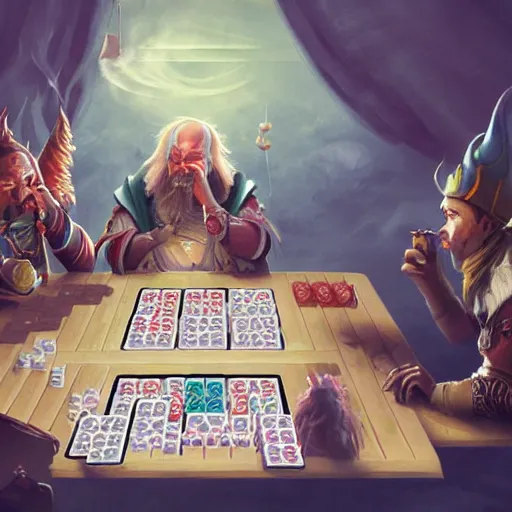 Prompt: dnd party playing mahjong while smoking cigarettes, concept art, artstation, hyperdetailed