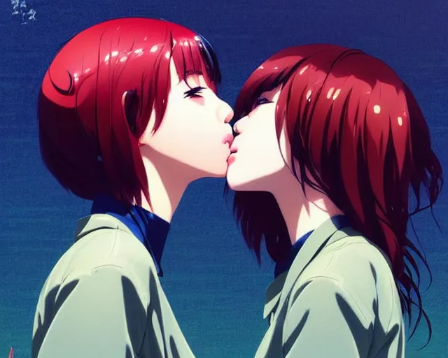 Image similar to two girls kissing | very very anime!!!, fine - face, audrey plaza, realistic shaded perfect face, fine details. anime. realistic shaded lighting poster by ilya kuvshinov katsuhiro otomo ghost - in - the - shell, magali villeneuve, artgerm, jeremy lipkin and michael garmash and rob rey