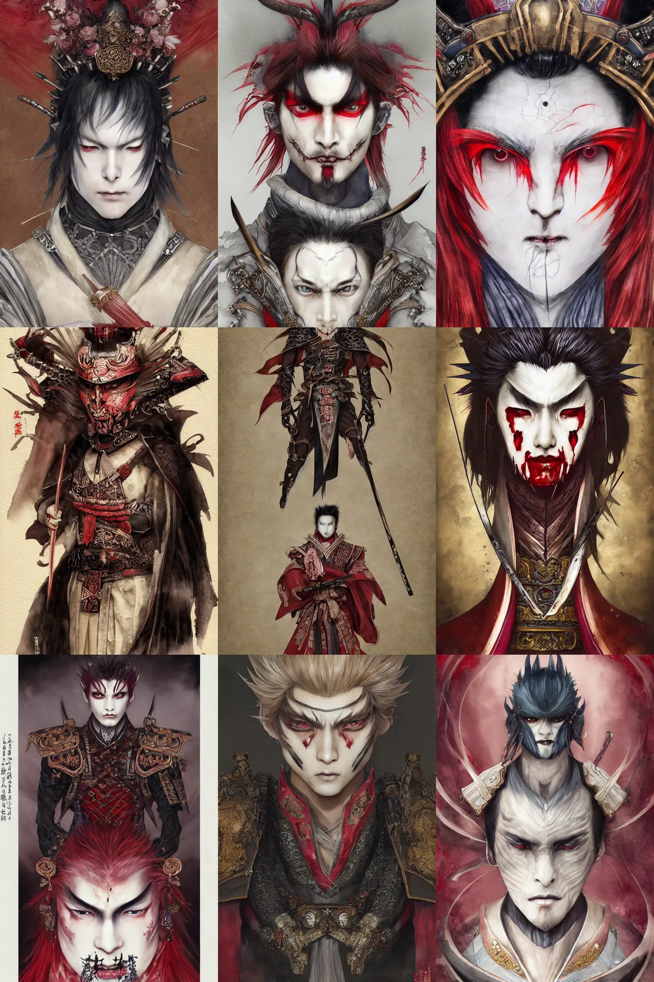 Prompt: watercolor painting of a handsome male japanese bjd samurai warrior vampire in the style of dark - fantasy painted by yoshitaka amano, tom bagshaw, ayami kojima, dmt art, symmetrical vogue face portrait, intricate detail, artstation, cgsociety, artgerm, rococo, sakura flowers, red, bronze