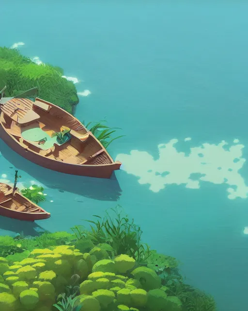 Image similar to small wooden boats around turtle shaped island, lush vegetation, azure water, glowing light, cory loftis, james gilleard, atey ghailan, makoto shinkai, goro fujita, studio ghibli, rim light, exquisite lighting, clear focus, very coherent, plain background, soft painting