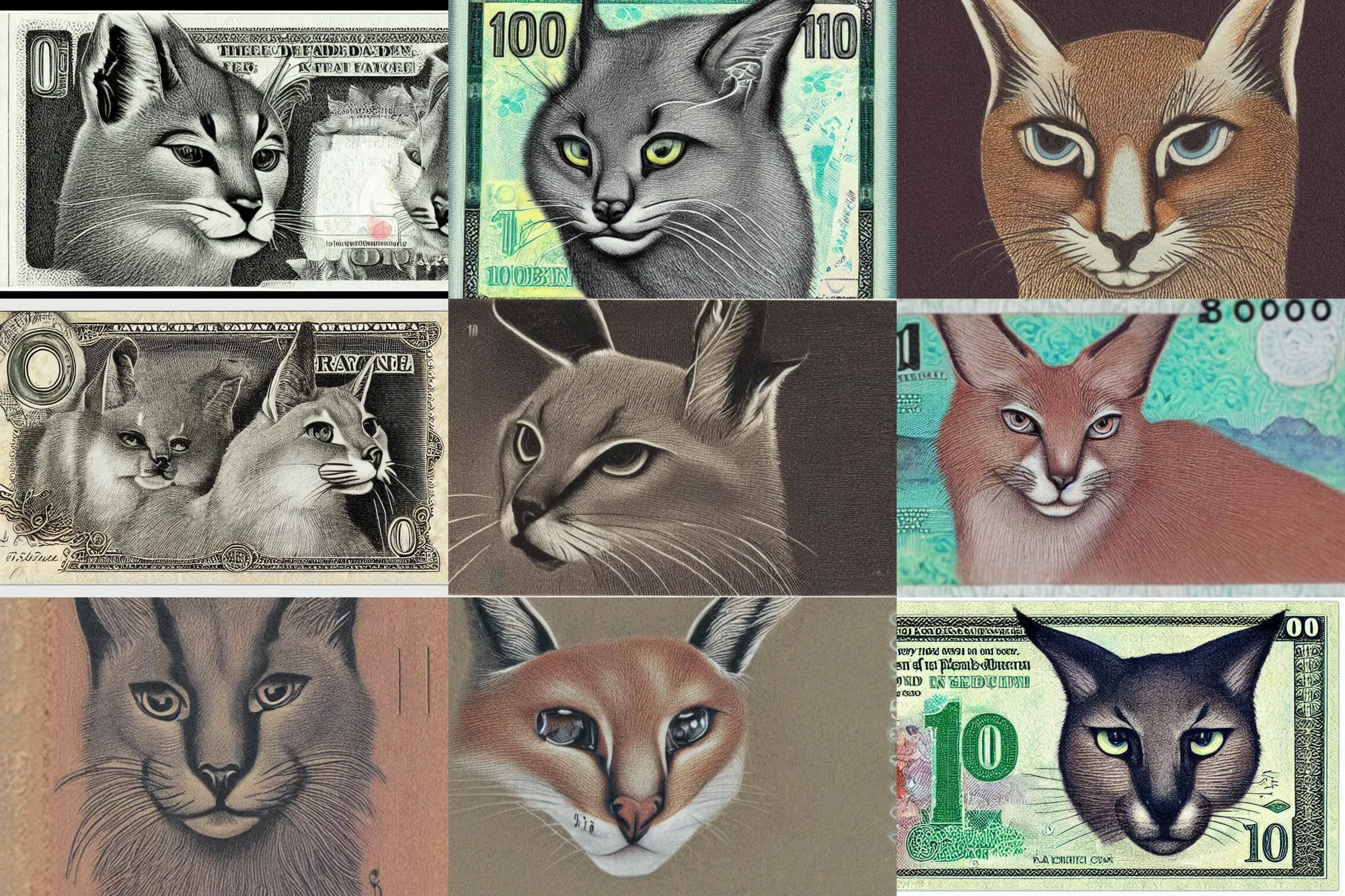 Prompt: cute caracal face at $100 bill, banknote, intaglio style, macro, realistic