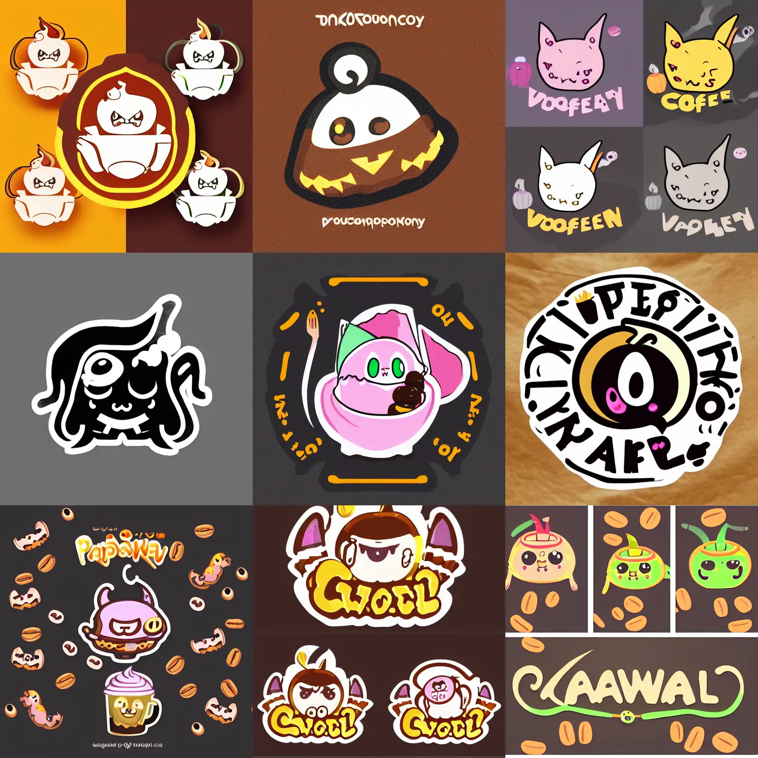Prompt: a kawaii company logo for a coffee themed pastry shop of a Halloween vampire squid character inspired by pachimari from overwatch