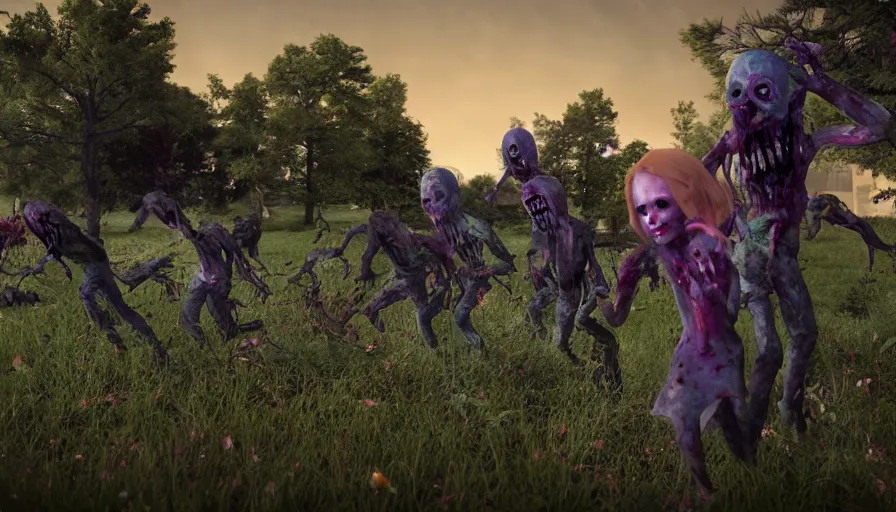 Image similar to night of the living dead by lisa frank's. rotting corpse, zombies, octane render, unreal 5 8 k depth of field, highly - detailed,