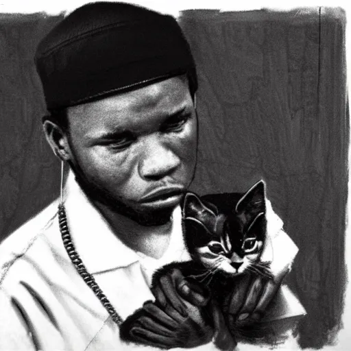Prompt: 1 5 mm wide - angle lens photo of a rapper in 1 9 9 0 newyork holding a kitten up to the camera black and white, photorealistic, trending on art station